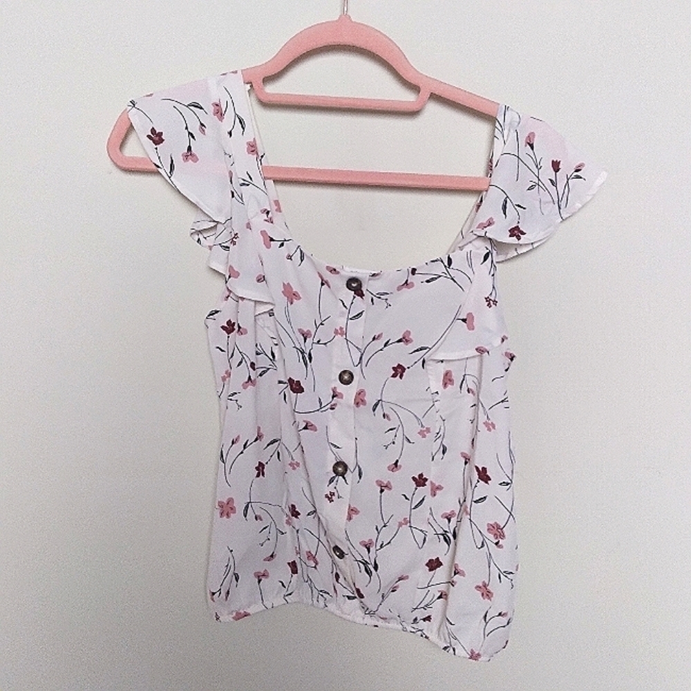 Sienna Sky Pink and White Cottagecore Floral Ruffle Sleeve Blouse Size Small